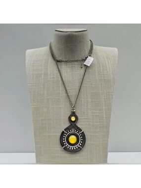 Lia Sophia Necklace SPINX Yellow Bead Rhinestone Pendant Gunmetal Chain 24" NWT